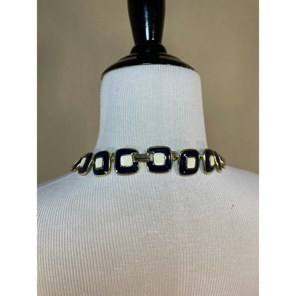 Vintage Resin Midnight Blue / Cream Gold Tone Double Square Design Necklace & Br - Picture 4 of 10